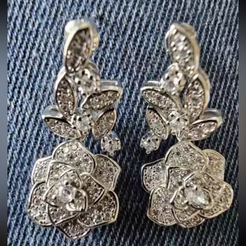 Rose Silver Crystal Diamond Earrings – Floral Statement Jewelry - Picture 9 of 9